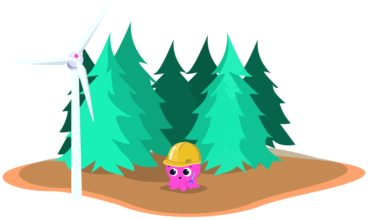A pink cartoon octopus wearing a yellow hard hat stands near a wind turbine and pine trees on a patch of land.