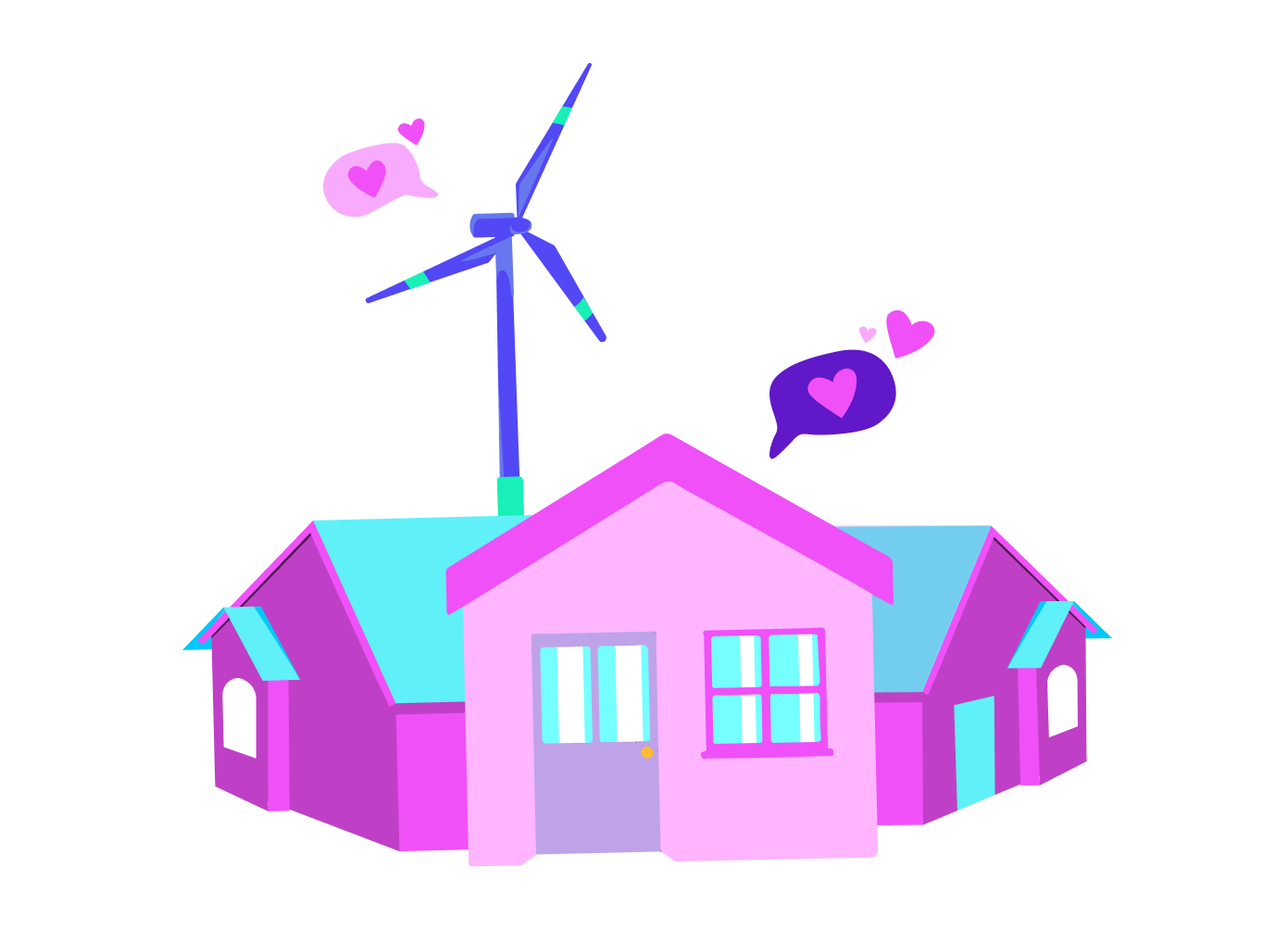 houses connected to a turbine with love hearts