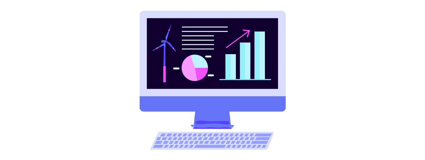 Illustrated computer with graphs on screen