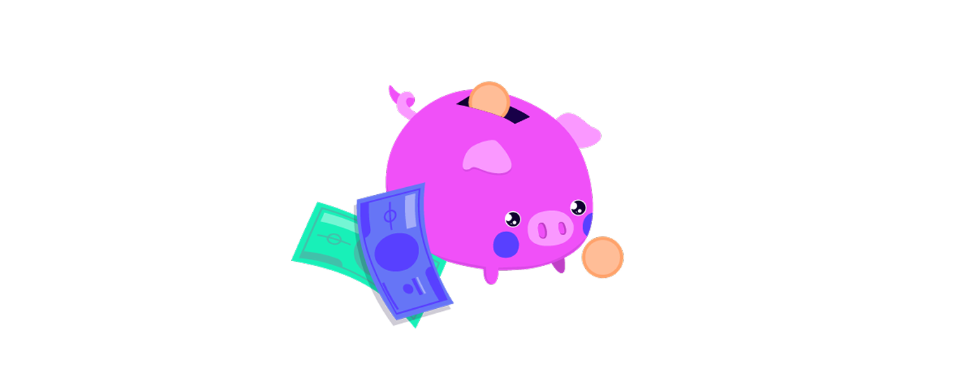 Illustrated piggy bank with cash notes