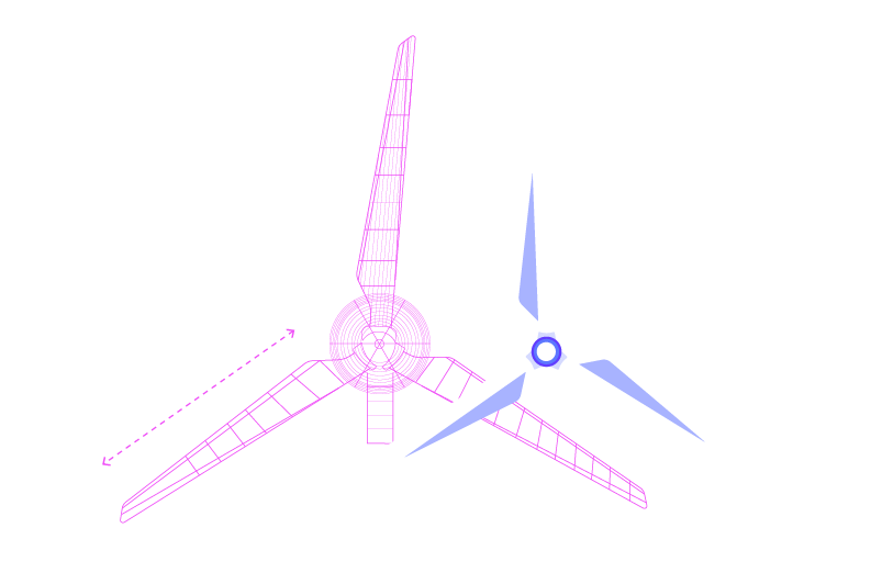 Illustration of two wind turbine blades: one in pink wireframe with a rotation arrow, and the other in solid blue, on a white background.