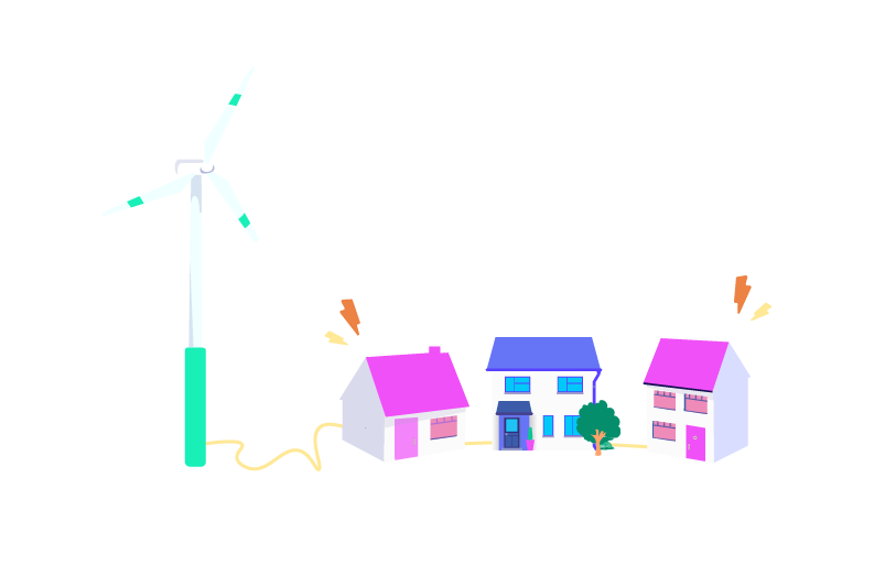 Illustration of a wind turbine connected to three colorful houses, symbolizing renewable energy powering a neighborhood.